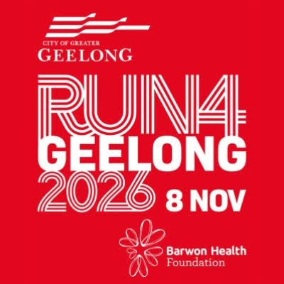 Run4Geelong 2026 event, held on 8 November, supported by City of Greater Geelong and organised by the Barwon Health Foundation. White text on red background.